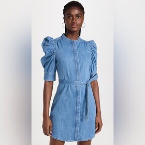FRAME Denim Gillian Mini Denim Dress in Bluebird with Puff Sleeves | Size Large